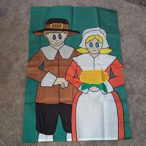THANKSGIVING PILGRIMS HAPPY COUPLE 1997 BANNER HOUSE YARD FLAG 29 1/4" x 27 3/4"